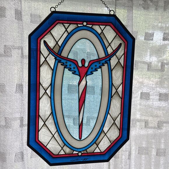 Lavaggi Signed American Angel Sun Catcher Stained Glass Metal Frame Chain Rare - Picture 7 of 11